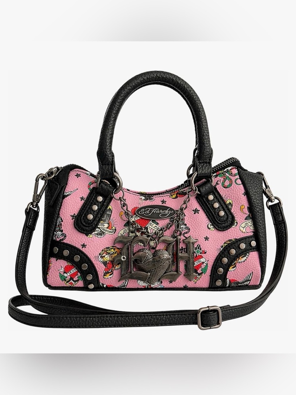 Ed Hardy Pink and Black Mini Satchel with Signature Charm NWT